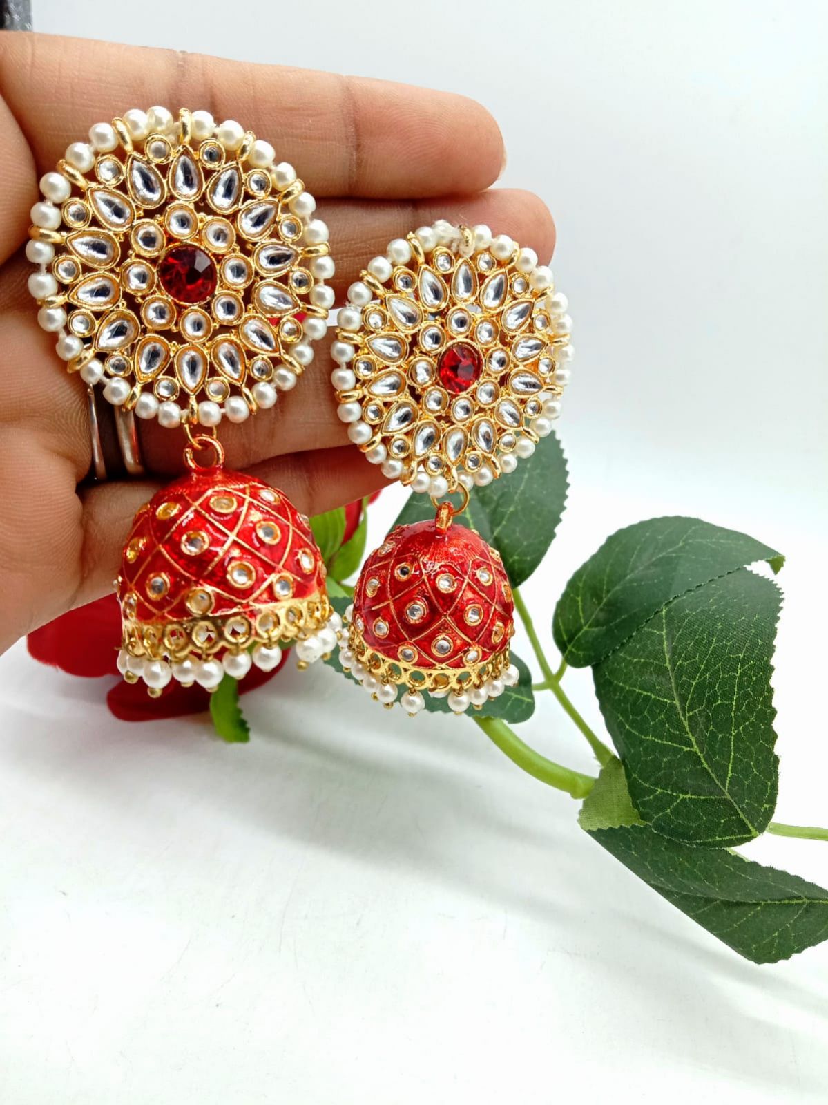 Crunchy Fashion Oxidized Gold-plated Traditional Peacock Royal Red Dangler  Design Earrings - RAE1490